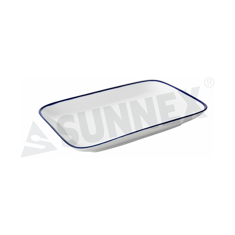 Porcelain Rectangular Dish Dengan Rim Biru